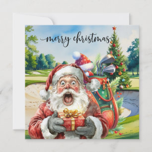 Tarjeta Festiva Navidades de golf con Santa Golfer en el campo de 