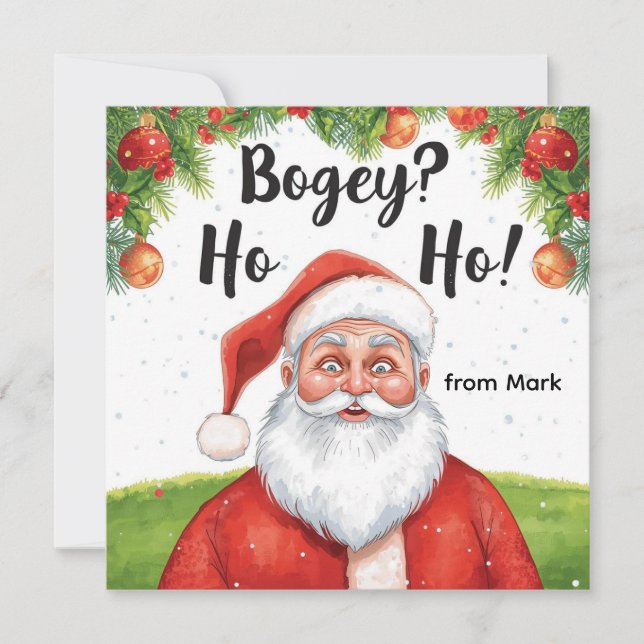 Tarjeta Festiva Navidades de golf con Santa Golfer en el campo de  (Anverso)