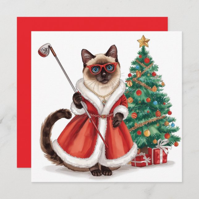 Tarjeta Festiva Navidades de golf con temática de Gato Golfer Siam (Anverso / Reverso)