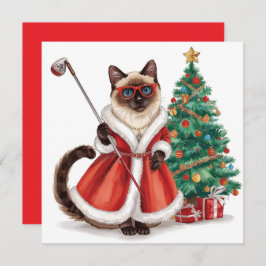 Tarjeta Festiva Navidades de golf con temática de Gato Golfer Siam