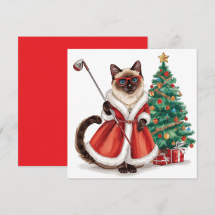 Tarjeta Festiva Navidades de golf con temática de Gato Golfer Siam