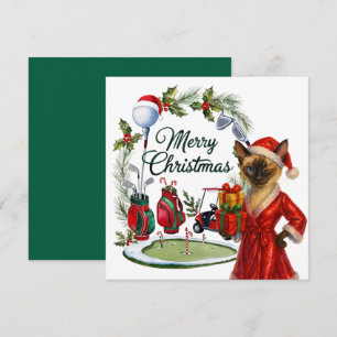 Tarjeta Festiva Navidades de golf con temática de Gato Golfer Siam