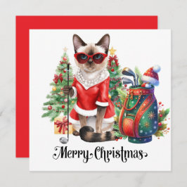 Tarjeta Festiva Navidades de golf con temática de Gato Golfer Siam