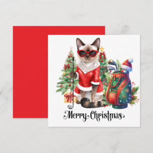 Tarjeta Festiva Navidades de golf con temática de Gato Golfer Siam