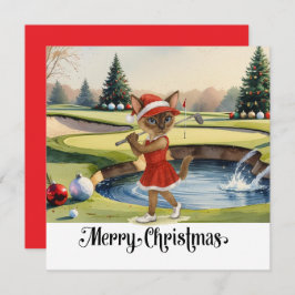 Tarjeta Festiva Navidades de golf con temática de Gato Golfer Siam