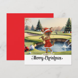 Tarjeta Festiva Navidades de golf con temática de Gato Golfer Siam