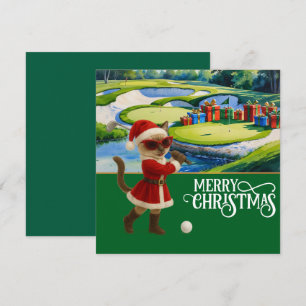 Tarjeta Festiva Navidades de golf con temática de Gato Golfer Siam