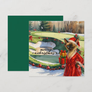 Tarjeta Festiva Navidades de golf con temática de Gato Golfer Siam
