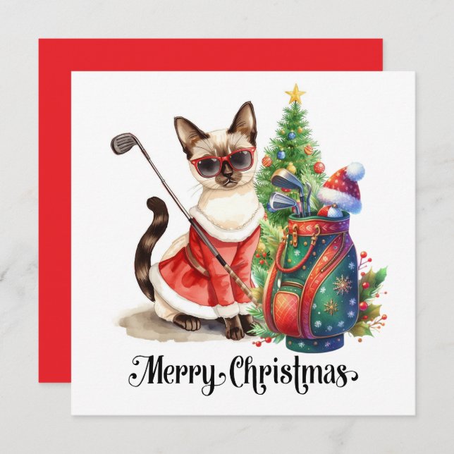Tarjeta Festiva Navidades de golf con temática de Gato Golfer Siam (Anverso / Reverso)