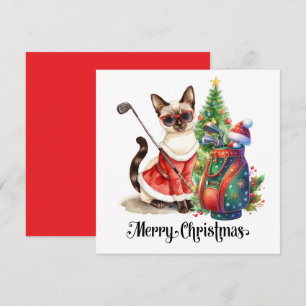 Tarjeta Festiva Navidades de golf con temática de Gato Golfer Siam