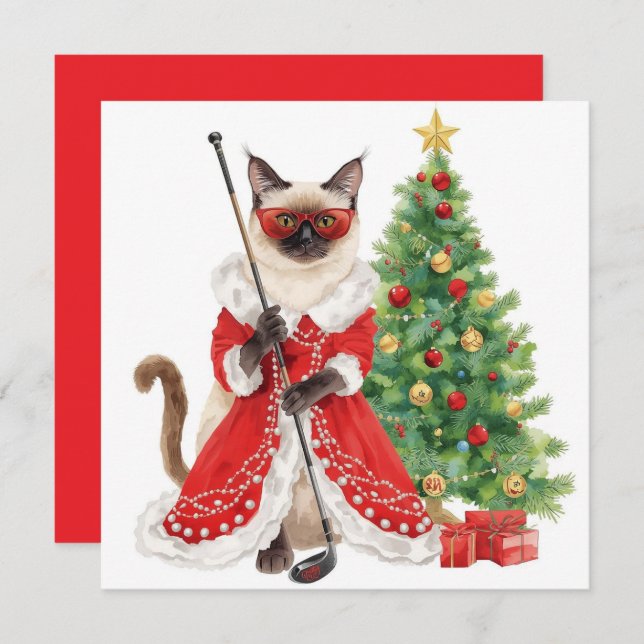 Tarjeta Festiva Navidades de golf con temática de Gato Golfer Siam (Anverso / Reverso)