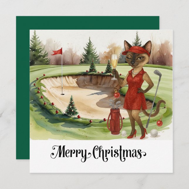 Tarjeta Festiva Navidades de golf con temática de Gato Golfer Siam (Anverso / Reverso)