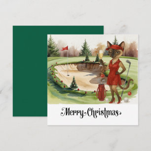 Tarjeta Festiva Navidades de golf con temática de Gato Golfer Siam