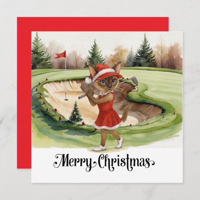 Tarjeta Festiva Navidades de golf con temática de Gato Golfer Siam (Anverso / Reverso)