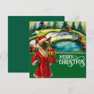 Tarjeta Festiva Navidades de golf con temática de Gato Golfer Siam