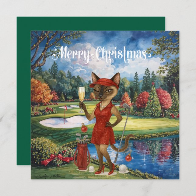 Tarjeta Festiva Navidades de golf con temática de Gato Golfer Siam (Anverso / Reverso)