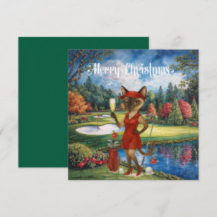 Tarjeta Festiva Navidades de golf con temática de Gato Golfer Siam