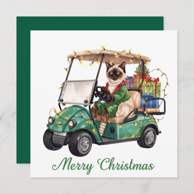 Tarjeta Festiva Navidades de golf con temática de Gato Golfer Siam (Anverso / Reverso)