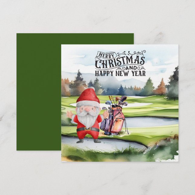 Tarjeta Festiva Navidades de golf de Santa Claus Tema (Anverso / Reverso)