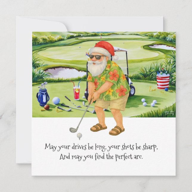 Tarjeta Festiva Navidades de golf en julio con Santa Claus si jueg (Anverso)