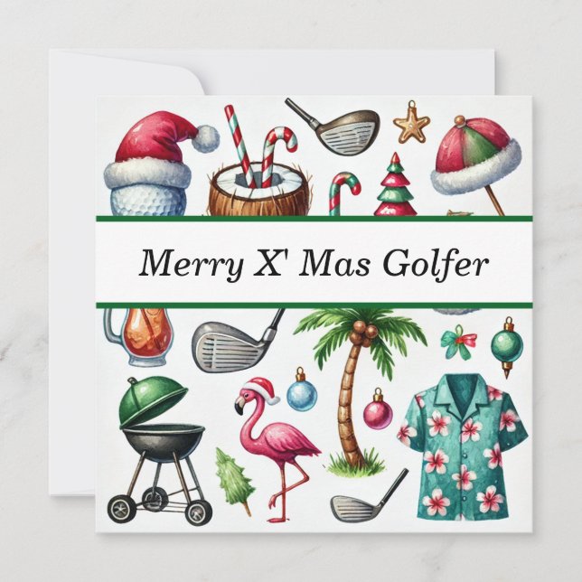 Tarjeta Festiva Navidades de golf en julio para golfistas con Sant (Anverso)