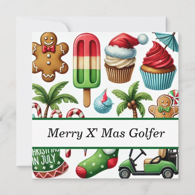 Tarjeta Festiva Navidades de golf en julio para golfistas con Sant (Anverso)