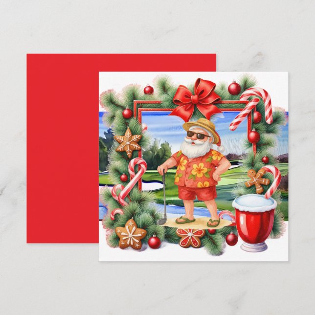 Tarjeta Festiva Navidades de golf en verano en Santa Golfing (Anverso / Reverso)