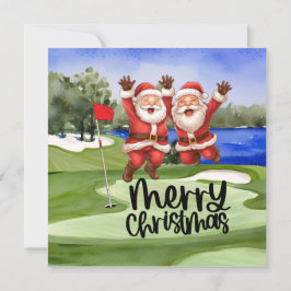 Tarjeta Festiva Navidades de golf Santa Claus con bandera en verde