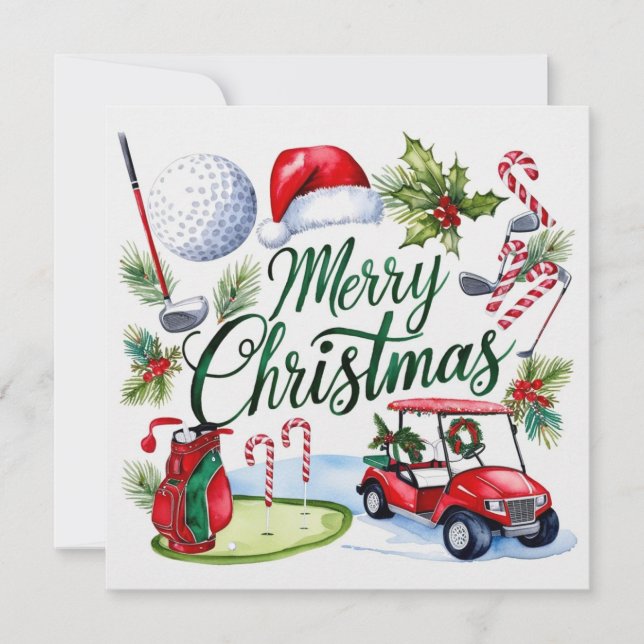 Tarjeta Festiva Navidades de golf temáticos para acuarela de Golfe (Anverso)