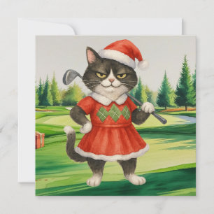 Tarjeta Festiva Navidades de golf temáticos para una mujer gata Go
