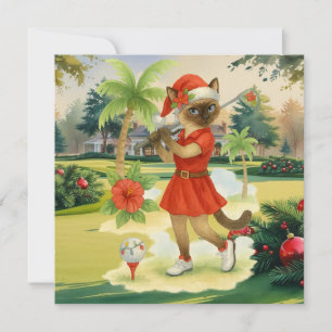 Tarjeta Festiva Navidades de golf temáticos para una mujer gata Go