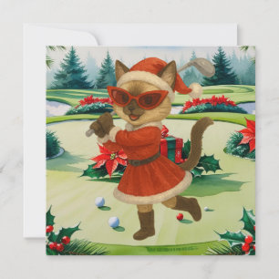 Tarjeta Festiva Navidades de golf temáticos para una mujer gata Go