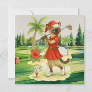 Tarjeta Festiva Navidades de golf temáticos para una mujer gata Go