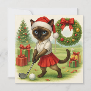 Tarjeta Festiva Navidades de golf temáticos para una mujer gata Go
