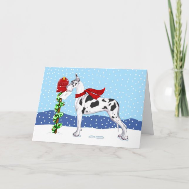 Tarjeta Festiva Navidades de Great Dane Mail Harlequin (Anverso)