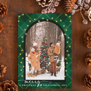 Tarjeta Festiva Navidades de Green Plaid en Arco Moderno y Guión F