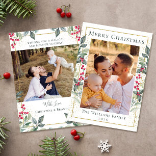 Tarjeta Festiva Navidades de Greenery Gold Holly Berries 2 Foto