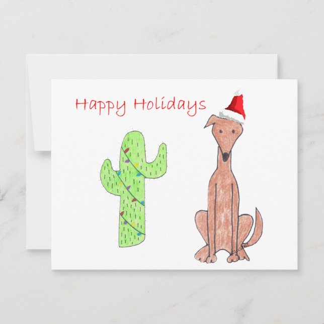 Tarjeta Festiva Navidades de Greyhound Fawn Cactus (Anverso)