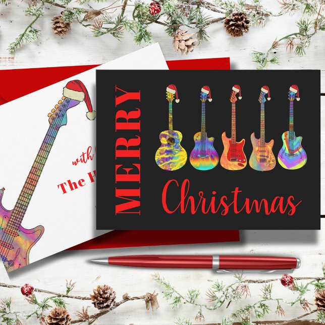 Tarjeta Festiva Navidades de Guay Guitar Santas (Merry Christmas Cool colorful guitars wearing funny Santa hats black and red holidays greetings card)