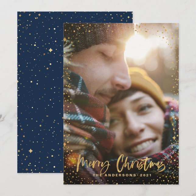 Tarjeta Festiva Navidades de guión dorado estrellas 1 festividad a (Anverso / Reverso)