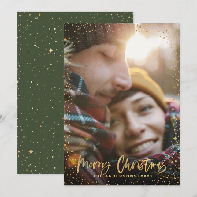 Tarjeta Festiva Navidades de guión dorado estrellas 1 festividad v (Anverso / Reverso)