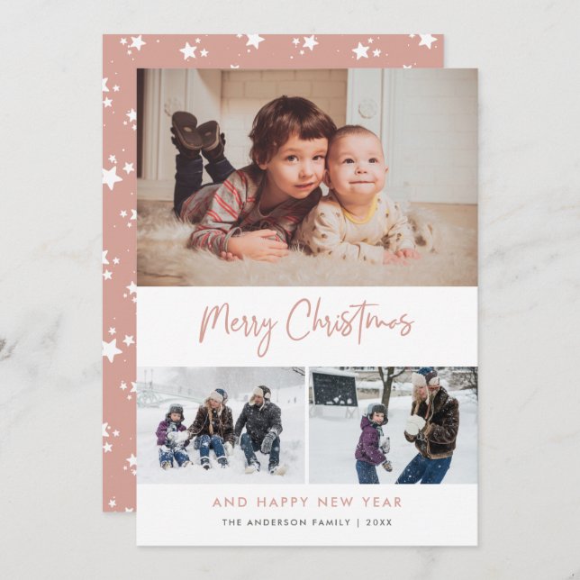 Tarjeta Festiva Navidades de guion rosado 3 Collages de fotos (Anverso / Reverso)