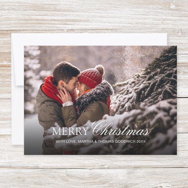 Tarjeta Festiva Navidades de guiones blancos de estilo Foto degrad (Simple, classy christmas photo card "Merry Christmas" with festive white script typography.)