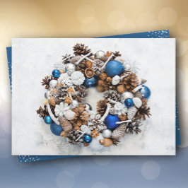 Tarjeta Festiva Navidades de guirnaldas de pino blanco azul