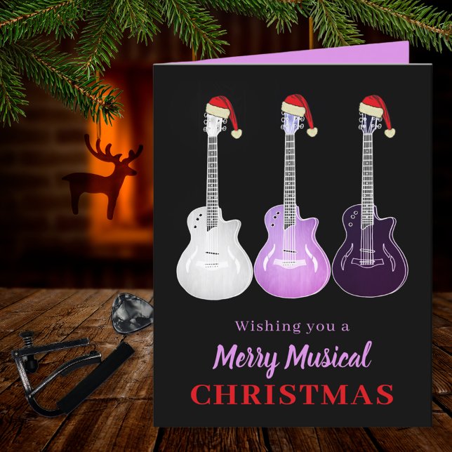 Tarjeta Festiva Navidades de guitarra moras rosado musical (Merry musical Christmas guitars wearing Santa hats pink & black custom holiday greetings folded card)