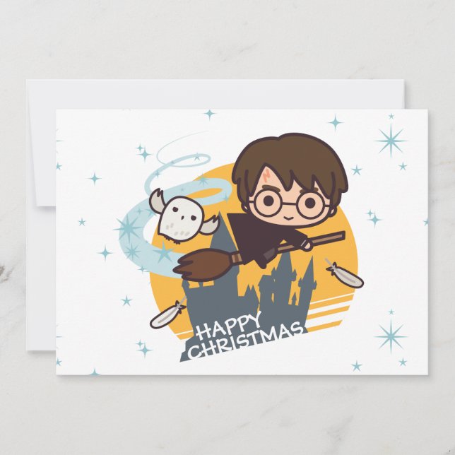 Tarjeta Festiva Navidades de Harry y Hedwig Flying Past Hogwarts (Anverso)