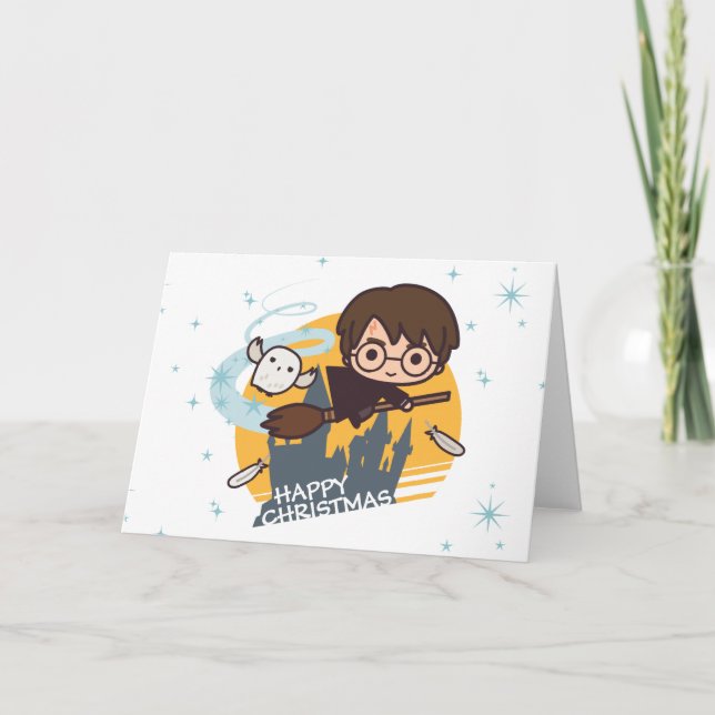 Tarjeta Festiva Navidades de Harry y Hedwig Flying Past Hogwarts (Anverso)