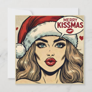 Tarjeta Festiva Navidades de historietas de Merry Kissmas Retro