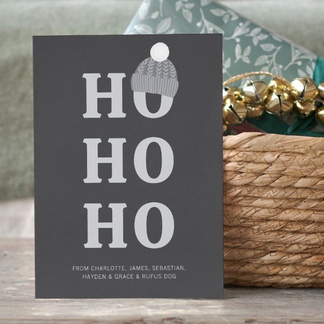 Tarjeta Festiva Navidades de Ho Ho Ho Ho Ho Ho (Ho Ho Ho Christmas Personalized Holiday Card by Ricaso. Cute woollen bobble hat on a Ho Ho Ho card)