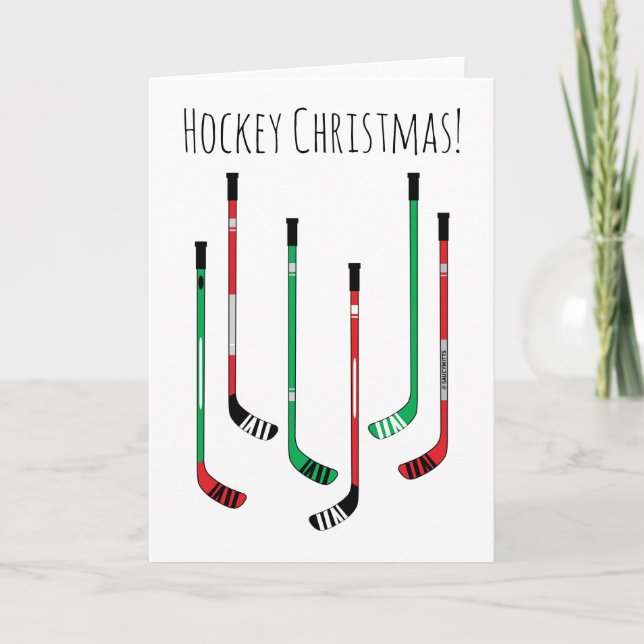 Tarjeta Festiva Navidades de hockey sobre patines rojos y verdes (Anverso)